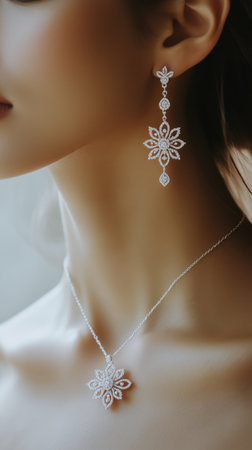 Model displays exquisite silver jewelry featuring a detailed necklace and large earrings. The soft natural light highlights her features and the elegance of the accessories.の素材