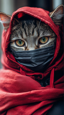 A cat dressed in a red cape and yellow goggles sits by a window, looking confidently outside on a sunny day during autumn. Colorful leaves are visible in the background.の素材