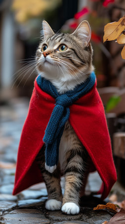 A cat wearing a vibrant red cape and a blue scarf stands on a cobblestone path. Surrounding the feline are colorful autumn leaves adding to the enchanting atmosphere.の素材