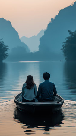 A couple sits close together in an old boat, enjoying a serene moment on calm water during a picturesque sunset by the shoreline.の素材