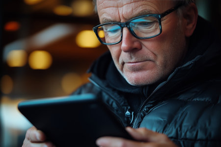 A young man with glasses is focused on his smartphone screen in a softly illuminated setting. The dim lights create a cozy and tech-savvy atmosphere during evening hours.の素材