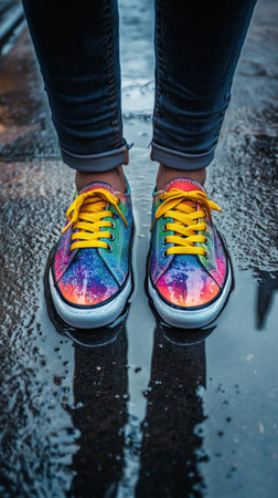 Brightly colored running shoes stand on a rainy street, reflecting light and creating a dynamic scene in the early evening.の素材