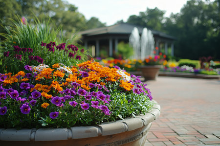 Vibrant flowers in various colors fill the planters of a lively garden. A gazebo and fountains can be seen in the background, enhancing the serene outdoor atmosphere.の素材