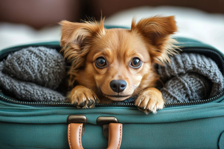 A small brown dog with perky ears looks curiously from inside an open suitcase. This moment captures the excitement of travel preparations at home.の素材