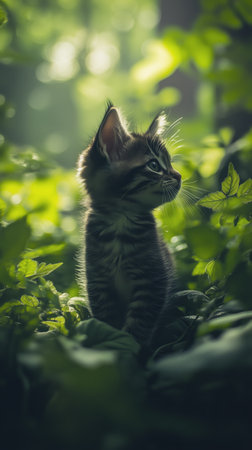A curious kitten navigates through lush green foliage in a dense forest, surrounded by vibrant leaves and soft natural light on a sunny day.の素材