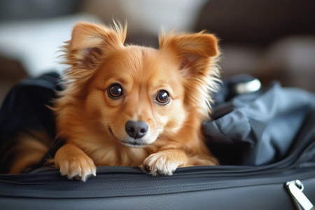 A small brown dog with perky ears looks curiously from inside an open suitcase. This moment captures the excitement of travel preparations at home.の素材