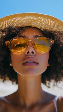 A woman poses confidently with yellow sunglasses and a wide-brimmed hat while enjoying a bright, sunny day outdoors, showing her vibrant style against a blue sky.の素材