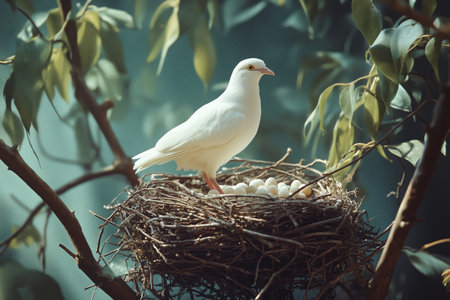 A white bird sits calmly on a nest filled with eggs, surrounded by blooming branches. Soft sunlight enhances the peaceful spring atmosphere, highlighting natures beauty.の素材