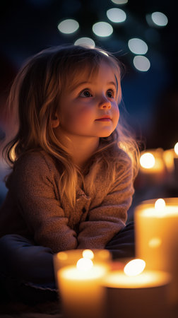 A young child with long hair sits quietly, looking up with wonder as soft candlelight illuminates their face. The atmosphere is calm and peaceful, creating a moment of reflection.の素材