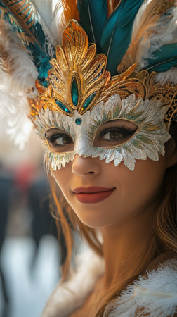Young woman showcases an elaborate mask adorned with feathers and embellishments, capturing the festive spirit at an outdoor event, with a lively crowd in the background.の素材