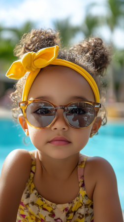 A cheerful toddler poses confidently in bright yellow sunglasses with a matching polka dot headband. The vibrant yellow wall behind her enhances the playful atmosphere.の素材