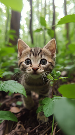 A curious kitten navigates through lush green foliage in a dense forest, surrounded by vibrant leaves and soft natural light on a sunny day.の素材
