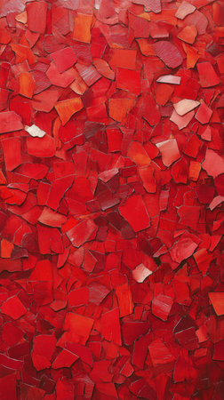 A striking arrangement of red tiles showcases an array of shapes and shades, creating an eye-catching display that radiates warmth and creativity in an artistic setting.の素材