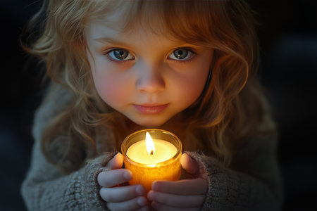 A young girl smiles gently while holding a lit candle in her hands. The warm light illuminates her face, creating a serene atmosphere in a cozy indoor space during nighttime.の素材