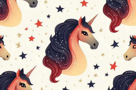 This whimsical pattern features vibrant unicorn heads adorned with flowing manes and horns, surrounded by stars and sparkles on a light background, perfect for playful designs.の素材