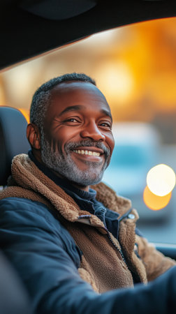 A cheerful man with gray hair smiles while seated in his car. Soft sunset light casts a warm glow, enhancing the friendly atmosphere of the setting.の素材