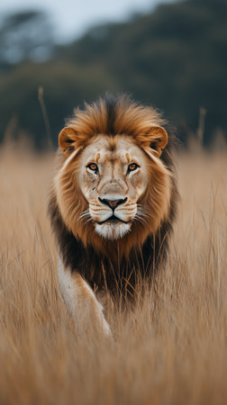 A powerful lion strides confidently through golden grass in its natural habitat. The scene captures the animals strength and beauty under a moody sky.の素材