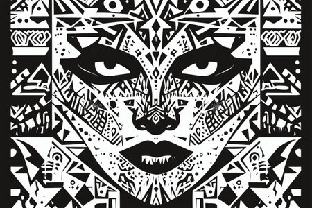 Detailed artwork showcases a powerful black and white face design, emphasizing cultural significance and artistic skill. The intricate patterns and textures enhance the visual impact.の素材