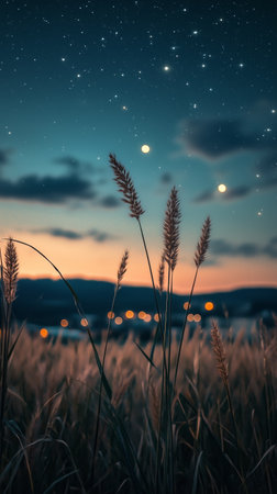 Tall grass sways gently in the evening breeze as stars twinkle above. City lights create a warm glow in the background against a beautiful twilight sky.の素材