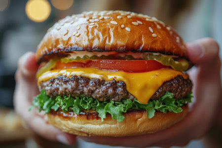 A person is holding a delicious cheeseburger stacked with a beef patty, melted cheese, fresh lettuce, tomato, and onion in a casual atmosphere, highlighting a tasty meal.の素材
