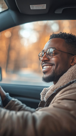 A cheerful man with gray hair smiles while seated in his car. Soft sunset light casts a warm glow, enhancing the friendly atmosphere of the setting.の素材