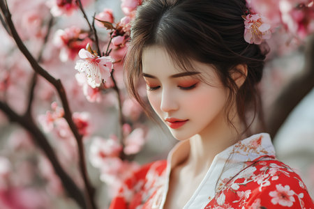 A woman wears a red traditional dress adorned with floral patterns, standing gracefully among blooming cherry blossom trees in full bloom during springtime.の素材