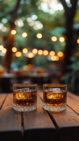 Two glasses filled with amber liquid and ice sit on a wooden table in an outdoor space illuminated by glowing string lights at dusk.の素材