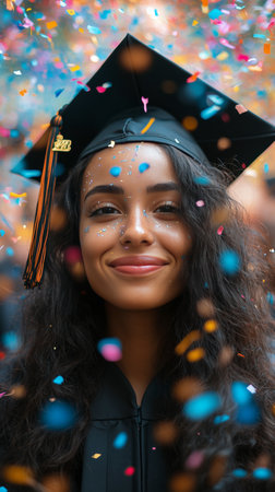 A joyful graduate, wearing a black cap and gown, smiles brightly amidst a shower of colorful confetti, celebrating a significant achievement in a vibrant atmosphere.の素材