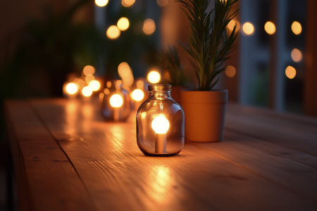Soft light from hanging bulbs creates a warm ambiance in a cozy indoor area filled with plants and comfortable seating near dusk.の素材