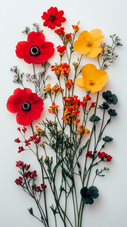 A vibrant collection of red, yellow, and white flowers arranged aesthetically on a white background displays natures colors and textures. The composition highlights floral beauty.の素材