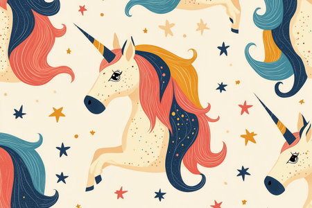 This whimsical pattern features vibrant unicorn heads adorned with flowing manes and horns, surrounded by stars and sparkles on a light background, perfect for playful designs.の素材