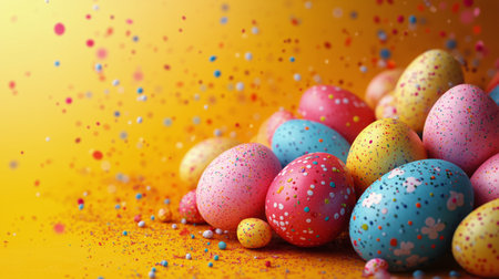 A collection of colorful decorative eggs filled with sparkles and confetti rests against a bright yellow backdrop, creating a festive atmosphere perfect for celebration.の素材