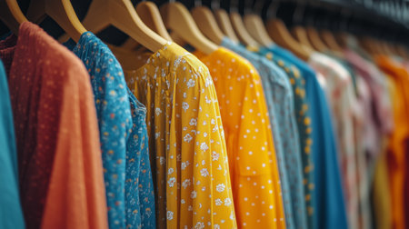 Rows of vibrant floral shirts in varied colors hang in a clothing store, showing their attractive designs under soft natural light filtering through the windows.の素材