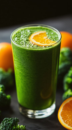 A vibrant green smoothie garnished with orange slices is displayed. Fresh broccoli pieces surround the glass on a textured surface, creating a healthy and appetizing look.の素材
