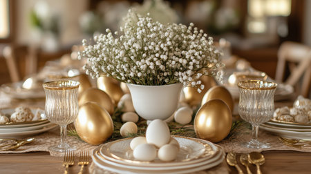 A beautifully arranged table features golden eggs on plates, paired with sparkling glasses, amidst delicate blossoms. The soft sunlight creates a warm and inviting atmosphere.の素材