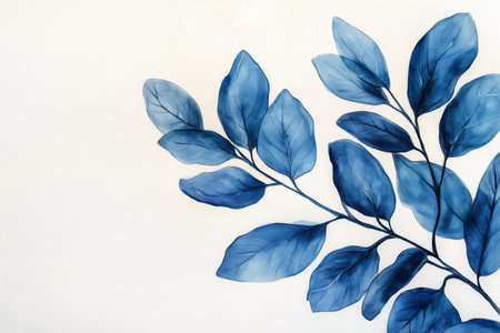 Delicate blue leaves display intricate patterns against a soft white background, creating an elegant, natural composition that enhances the beauty of botanical design.の素材