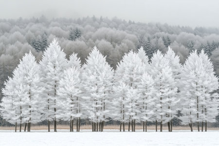 Frost-covered trees create a serene winter landscape, their branches heavy with snow. A soft white blanket covers the ground, enhancing the peaceful atmosphere of the scene.の素材