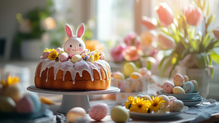 A cheerful spring gathering features a bunny-shaped cake surrounded by fresh flowers, pastries, and beverages on a sunny kitchen table.の素材