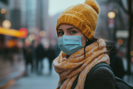 Young woman stands in an urban environment, wearing a protective face mask and a warm scarf. The bustling street is filled with blurred figures and colorful lights.の素材