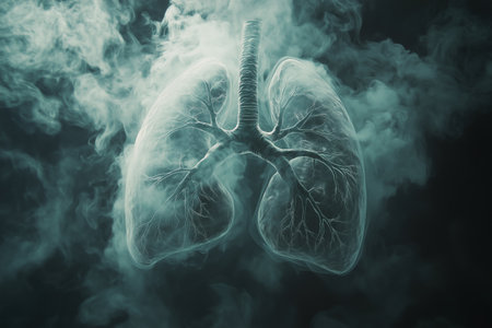 Lungs are depicted with intricate branch-like structures surrounded by an ethereal smoke effect, symbolizing respiration and related health challenges.の素材