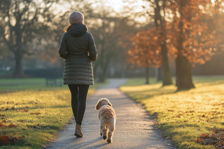A woman dressed in warm attire strolls alongside her golden retriever in a park, surrounded by autumn leaves and the soft glow of the setting sun.の素材