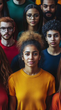A diverse group of individuals stands closely together in a studio, each wearing vibrant clothing. The expressions convey unity and confidence among friends.の素材