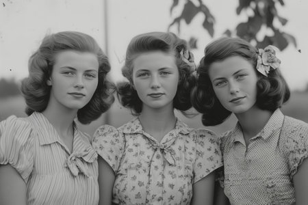 In a rural setting, three women stand closely together, showcasing their stylish vintage hairstyles adorned with flowers. Their outfits reflect mid-20th-century fashion trends.の素材