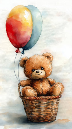 A bear with a friendly expression sits comfortably in a woven basket, holding balloons in red, yellow, and blue on a gentle, cloudy backdrop.の素材