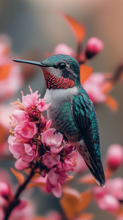 A hummingbird with bright colors sits gracefully on pink blossoms, captured during the golden light of sunset in a natural setting, showing vibrant biodiversity.の素材