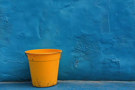 A bright yellow bucket stands alone against a vivid blue wall. The simple yet striking contrast creates an attractive focus in an urban setting, highlighting everyday objects.の素材