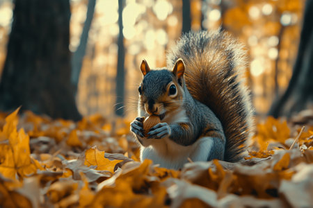A energetic squirrel is seen holding a nut in its paws while surrounded by colorful autumn leaves in a park. The background features blurred trees and foliage.の素材