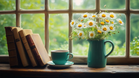 A warm cup of coffee sits on a saucer beside neatly stacked books. A vase of fresh daisies adds a cheerful touch in this serene morning atmosphere by the window.の素材
