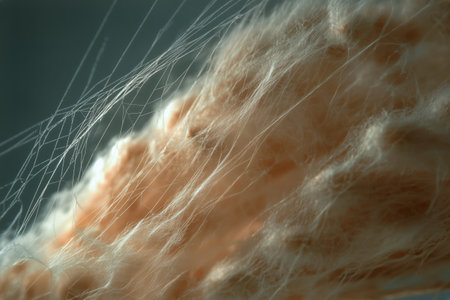 Delicate strands of cotton candy showcase a soft, fluffy texture, illuminated by soft light during a cheerful summer event, evoking a sense of nostalgia and joy.の素材