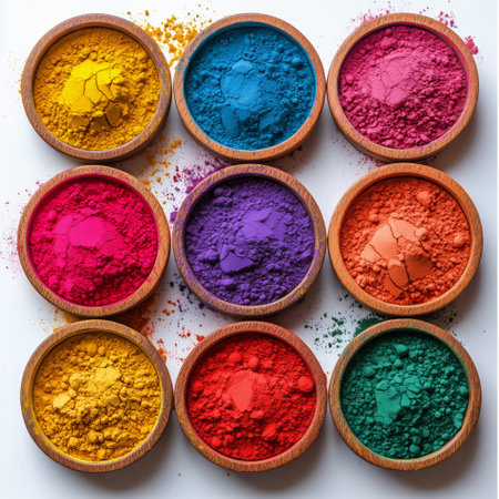 A wooden bowl contains an array of vibrant powdered pigments in blue, yellow, pink, and purple, ready for artistic endeavors and creative projects.の素材